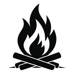 Black campfire vector icon with burning flame and wood, ideal for camping, survival, outdoor adventure, and fire safety designs