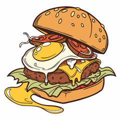 Simple burger vector icon showing top bun, beef patty, lettuce, cheese, and bottom bun.