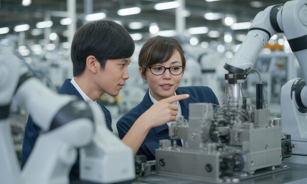 Two young japanese factory workers inspecting a robotic arm in a modern industrial setting.