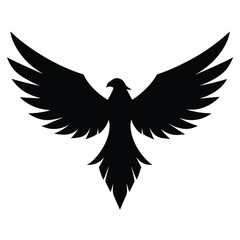 Obraz premium Majestic flying eagle black vector icon symbolizing freedom, power, patriotism, and wildlife, ideal for logos and badges