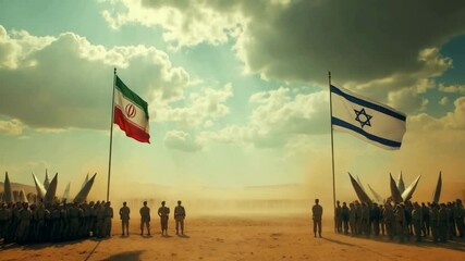 Intense Middle East Military Tension – Iran and Israel Facing Off with Flags and Missiles in Desert Landscape – 4K Conceptual Visual
- Powered by Adobe