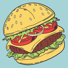 Isolated vector burger with toasted bun, grilled patty, cheddar cheese, lettuce, and tomato slices.