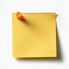Vibrant yellow sticky note with orange pushpin, casting soft shadow clean white background, evokes sense of organization