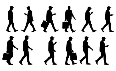 Silhouettes of Casual Men Walking with Shopping Bags and Phones in Urban Style for Lifestyle, Daily Routine