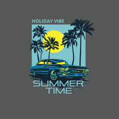 Summer Time Holiday vibe Car Palm tree vector graphic design