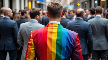 Fototapeta premium A man, his back to the camera, proudly displays a vibrant rainbow jacket amidst a crowd of business professionals. The scene is striking, a bold statement of individuality within conformity.