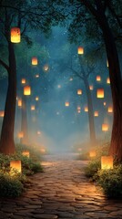 Enchanted forest path lined with floating lanterns, dreamy magical journey
