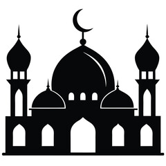 Black silhouette of a traditional mosque building, ideal for Islamic festival designs, religious symbols, prayer graphics, Eid celebrations, and cultural vector