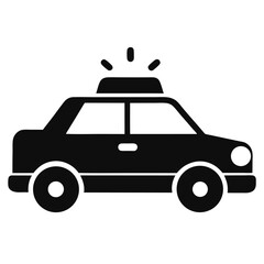 Black silhouette of a police car icon with rooftop lights, ideal for law enforcement graphics, emergency services icons, patrol vehicle illustrations, or public safety themes.