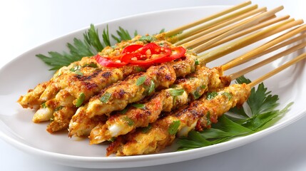 Fototapeta premium Tasty Indonesian chicken satay skewers with a vibrant garnish served on a white plate.