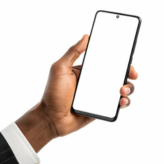 Human hand holding modern smartphone with blank screen isolated on white background
