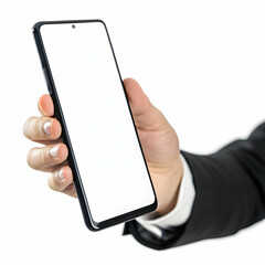 Human hand holding modern smartphone with blank screen isolated on white background