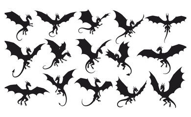 Mythical Creatures in Dynamic Flying and Fierce Poses, Fantasy Beasts with Spread Wings