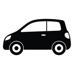 Black silhouette of a compact city car icon, ideal for transportation themes, urban mobility graphics, car rental logos, vehicle apps, and automotive vector illustrations.
