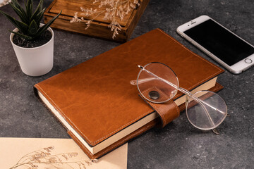 concept marketing photo of leather book covers 