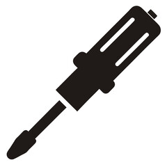 Black silhouette of a screwdriver icon, perfect for repair service logos, construction tools, handyman graphics, DIY project icons, and mechanical or hardware-themed vector designs.
