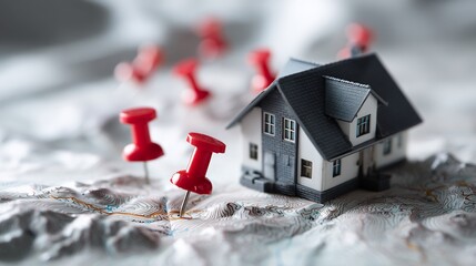 Miniature House Model on a Topographic Map with Red Pins Symbolizing Locations