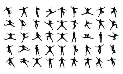 People in Dynamic and Energetic Poses, Jumping, Stretching, and Celebrating on White Background
