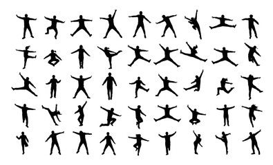 Diverse Group of People Jumping, Stretching, and Exercising in Various Energetic Poses on White Background