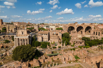 Top view of the Roman forum with architectural monuments of Ancient Rome. The panorama. Rome, Italy