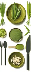 Fresh Green Ingredients on Plates with Cutlery and Knife Display