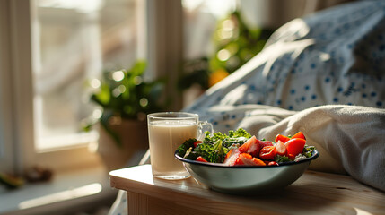 Fresh salad and warm milk on wooden nightstand with soft pillow, healthy sleep diet concept, balanced nutrition for good night rest, wellness and self care lifestyle.