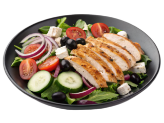 Sliced of grilled chicken, arranged neatly beside a fresh vegetable salad (crisp cucumber slices, juicy cherry tomatoes, thinly sliced red onions), plump black olives and creamy feta cheese in plate