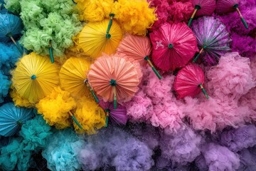 Colorful Umbrellas with Vibrant Tulle in Artistic Arrangement