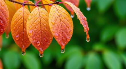 Raindrops on Autumn Leaves Close Up View After the Autumn Season