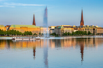 Hamburg, Germany. The Inner Alster Lake (Binnnenalster) at sundown.