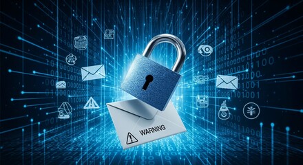 A padlock floating over a warning-marked envelope surrounded by digital binary streams