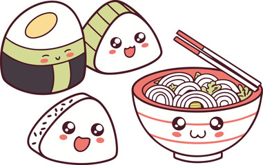 Cute kawaii food characters with burger fries donut and soda in pastel colors. Cartoon snack illustration collection with smiling fast food faces in flat style. Happy food doodle sticker set including