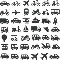Transportation icons set with cars buses trucks trains and other vehicle symbols in vector design style