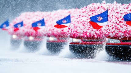 Colorful Cars Parade with Flags and Flowers in Winter Wonderland