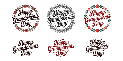 Various elegant and artistic happy grandparents day typography design elements with floral wreaths