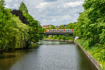 Hamburg, Germany. The river Alster with subway bridge.