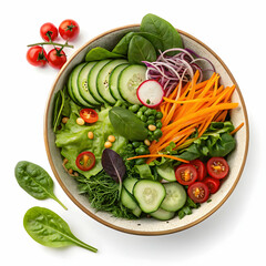 fresh vegetable salad in a ceramic bowl with lettuce, tomatoes, cucumbers, bell peppers, onions, and herbs on white background