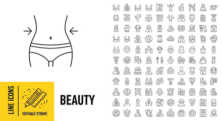 Editable Stroke Beauty Line Icons  Waist Reduction, Slim Figure, Weight Loss, Body Contouring