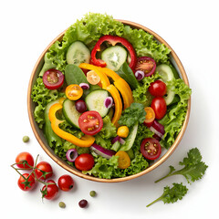 fresh vegetable salad in a ceramic bowl with lettuce, tomatoes, cucumbers, bell peppers, onions, and herbs on white background