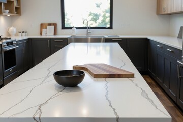 Modern Kitchen Interior with White Marble Countertop and Bowl