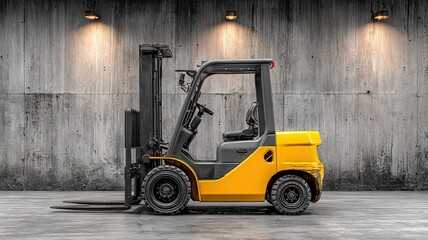 Industrial forklift in side view, showcasing robust machinery design and functional efficiency