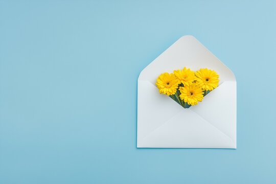 Bright yellow flowers in white envelope on blue background flat lay with copy space. - Powered by Adobe
