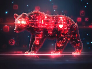 Digital bear silhouette with glowing red data and icons overlaid, walking on a reflective surface.
