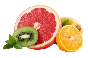 Assorted citrus fruits including orange, grapefruit, lemon, and sliced kiwi, vibrant colorful fresh fruit mix for healthy eating and organic produce isolated on transparent background