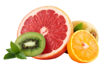 Assorted citrus fruits including orange, grapefruit, lemon, and sliced kiwi, vibrant colorful fresh fruit mix for healthy eating and organic produce isolated on transparent background