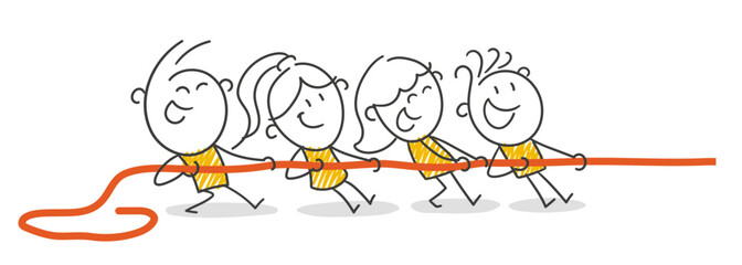 Strichfiguren / Strichm&auml;nnchen: Teamwork, Tauziehen, roter Faden. (Nr. 876)