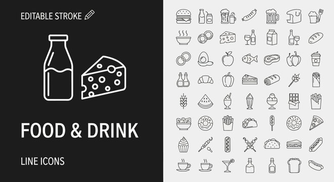 Milk and Cheese Delicious Food & Drink Line Icons Set