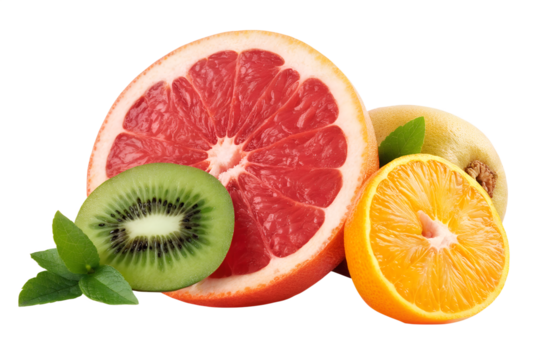 Assorted citrus fruits including orange, grapefruit, lemon, and sliced kiwi, vibrant colorful fresh fruit mix for healthy eating and organic produce isolated on transparent background - Powered by Adobe