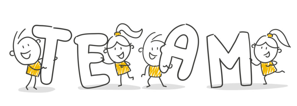 Strichfiguren / Strichm&auml;nnchen: . Team, Teamwork, Schrift, Buchstaben, Kinder. (Nr. 877)