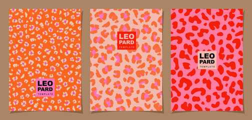 Set of Leopard Patterns in trendy retro style. Groovy hippie 70s for backgrounds, posters, covers, fliers, cards, packaging, social media stories. © Udomdech